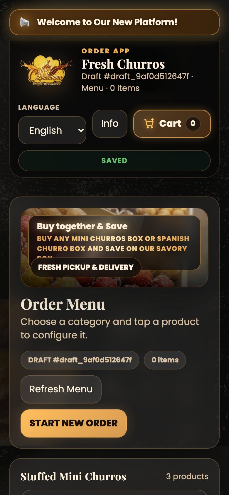 Copacabana Snacks online order menu on a phone