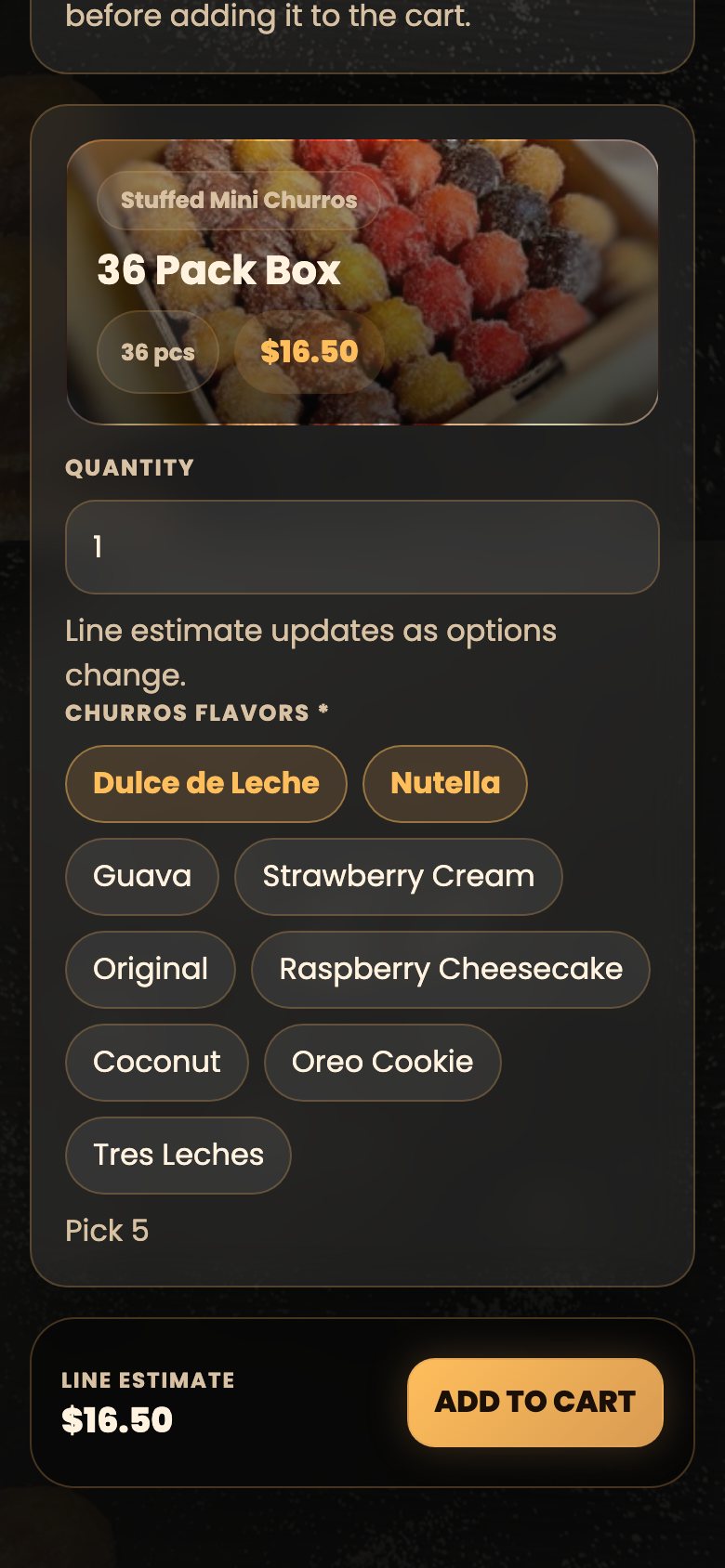 Product screen with quantity and required flavor options selected