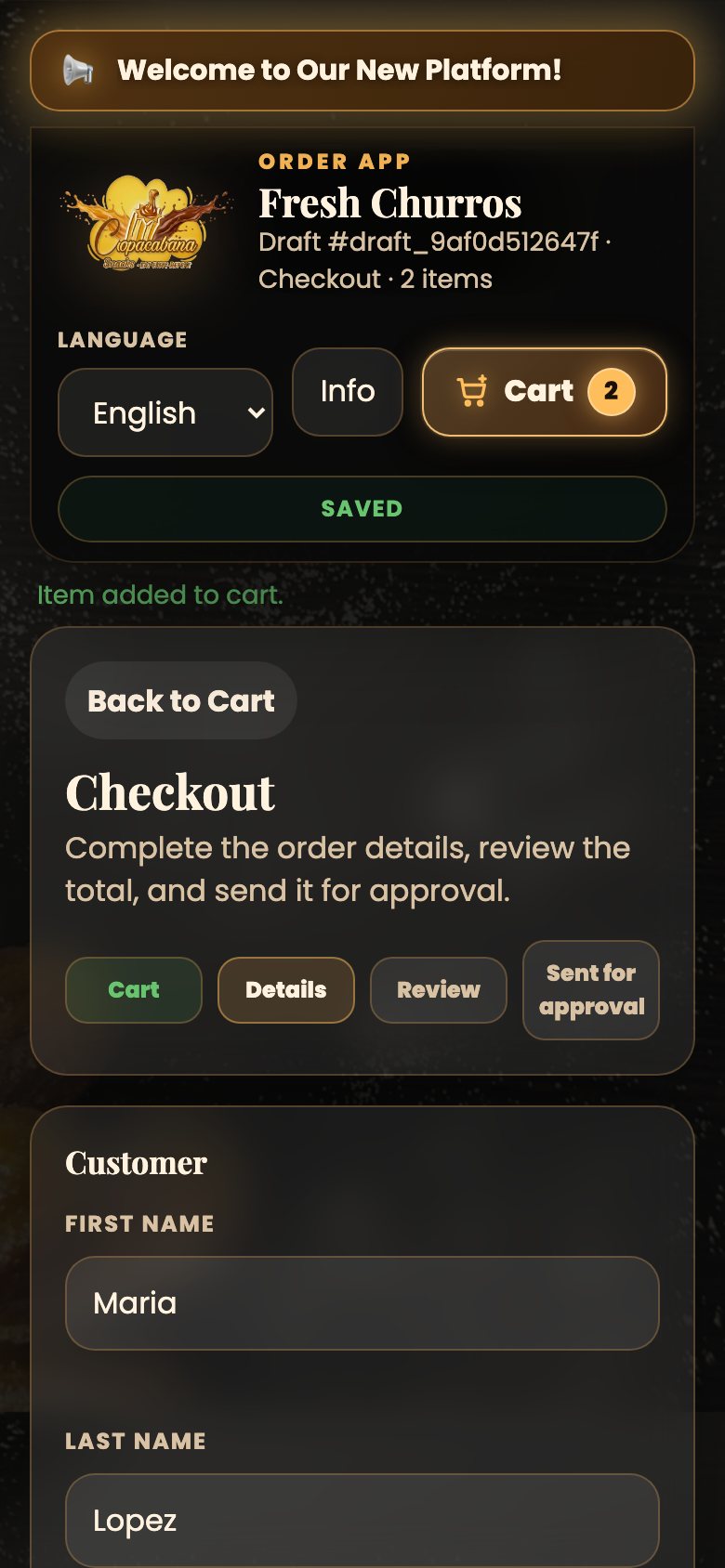 Checkout customer form with name, phone, email and payment method
