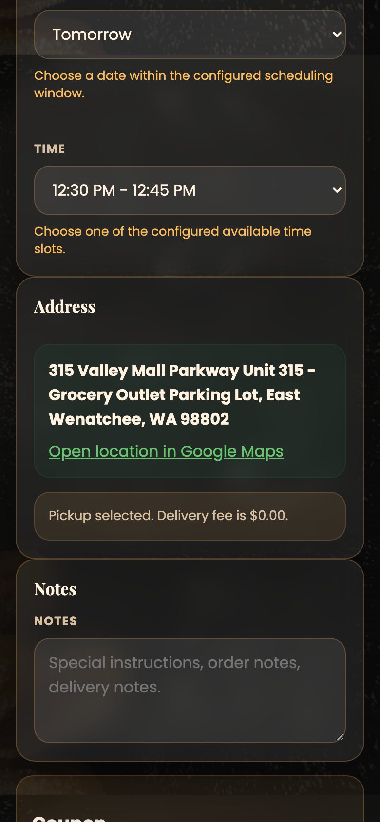 Pickup meeting point with a link that opens Google Maps