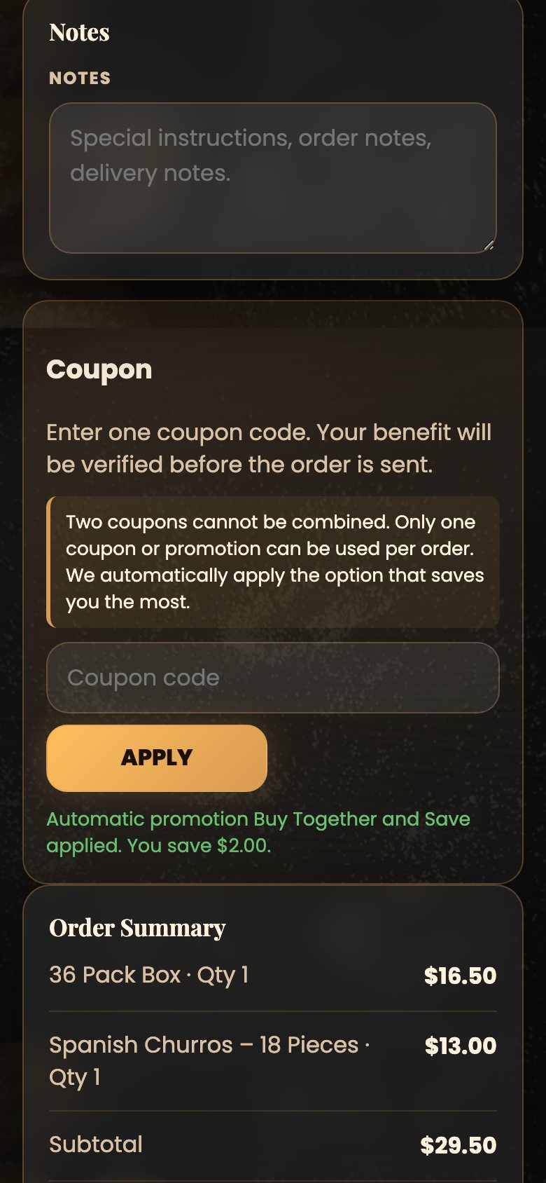 Coupon field, gift certificate code box and order summary at checkout