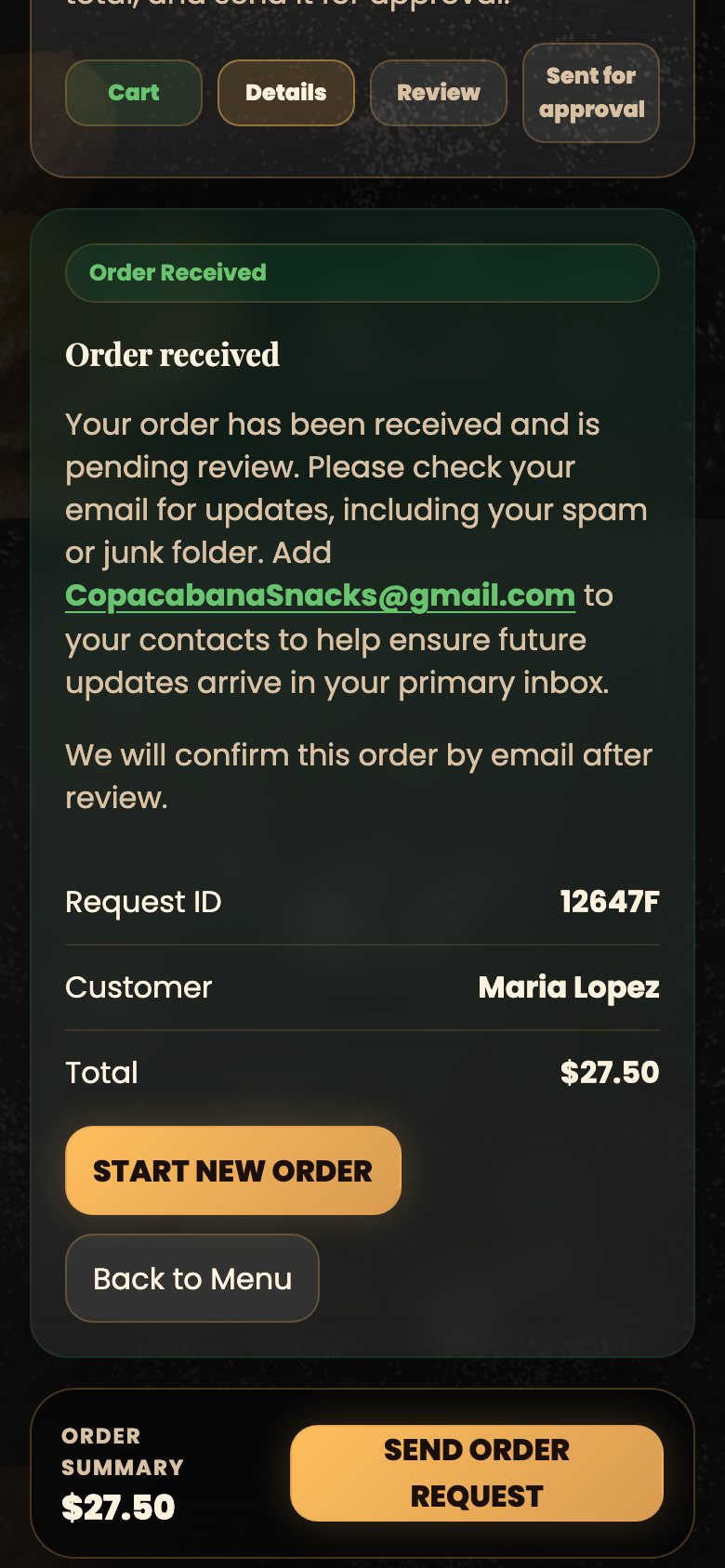 Order received panel showing order number, customer and total